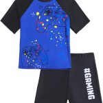 COYBTO Boys Swimsuits Set Kids 2Pcs Boys Swim Top Rash Guard Boys' Swimwear and Trunk Quick Dry Summer Swimming Costume UV Protection UPF 50+ Short Sleeve for Gamers 6-11 Years Boys