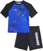 COYBTO Boys Swimsuits Set Kids 2Pcs Boys Swim Top Rash Guard Boys' Swimwear and Trunk Quick Dry Summer Swimming Costume UV Protection UPF 50+ Short Sleeve for Gamers 6-11 Years Boys