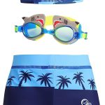 طقم ملابس سباحة للاولاد مكون من 3 قطع، شورت سباحة ونظارات سباحة مع قبعة بتصميم رسوم كرتونية، بدلة سباحة للاطفال مع قبعة للشاطئ وحمام السباحة للاولاد