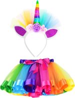 LYLKD Little Girls Layered Rainbow Tutu Skirts with Unicorn Horn Headband