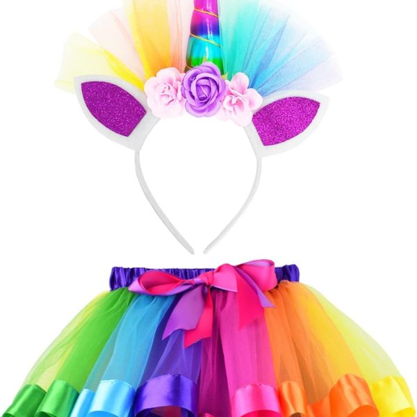 LYLKD Little Girls Layered Rainbow Tutu Skirts with Unicorn Horn Headband