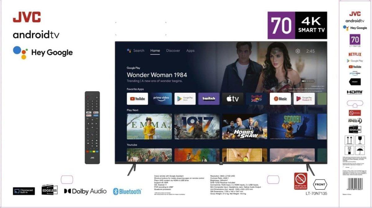 ⁦JVC تلفزيون ذكي 70 بوصة 4 كيه الترا اتش دي بدون حواف رسمي هاي جوجل ونتفليكس ويوتيوب وشاهد مدمج بلوتوث وواي فاي لون اسود موديل LT70N7135 - ضمان كامل لمدة عام⁩ - الصورة ⁦2⁩