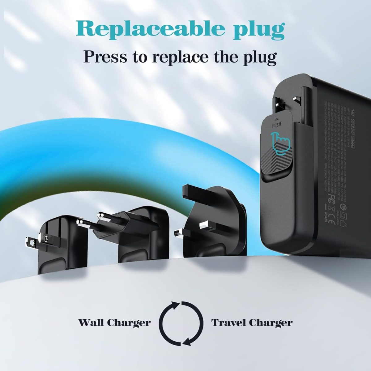⁦تايمريال محطة شحن سريع للسفر 140 واط جان 3 نوع C و3 USB، قابس قابل للفصل للسفر الدولي الولايات المتحدة/المملكة المتحدة/الاتحاد الأوروبي، شحن للابتوب والتابلت والهاتف الذكي، شاشة LED، كابل تمديد 1.5⁩ - الصورة ⁦8⁩