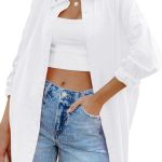 اف شاويس قمصان نسائية كبيرة الحجم بازرار سفلية كاجوال باكمام طويلة ولون سادة مع جيب