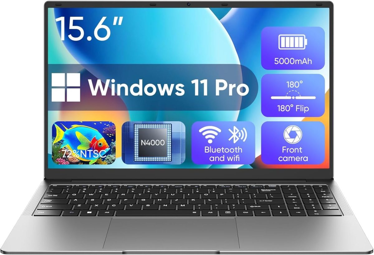 لابتوب 15.6 انش مع ذاكرة RAM 8GB وSSD 256GB وشاشة sRGB 100% ومعالج سيليرون N4000 (حتى 2.6GHz) نوت بوك ام اس اوفيس 2024 وواي فاي ثنائي النطاق وبلوتوث 4.2 وHDMI وويندوز 11 برو وعمر بطارية طويل من واي