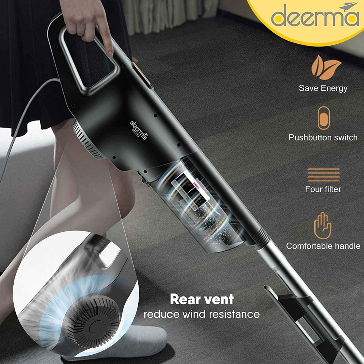 ⁦ديرما مكنسة كهربائية محمولة باليد DX600 2 في 1 بسعة كبيرة 800 مل وسلة غبار 15 كيلو باسكال وقوة شفط 15 كيلو باسكال وفلتر من الستانلس ستيل و4 طبقات فلتر هيبا متعددة الوظائف 600 واط - اسود⁩ - الصورة ⁦8⁩