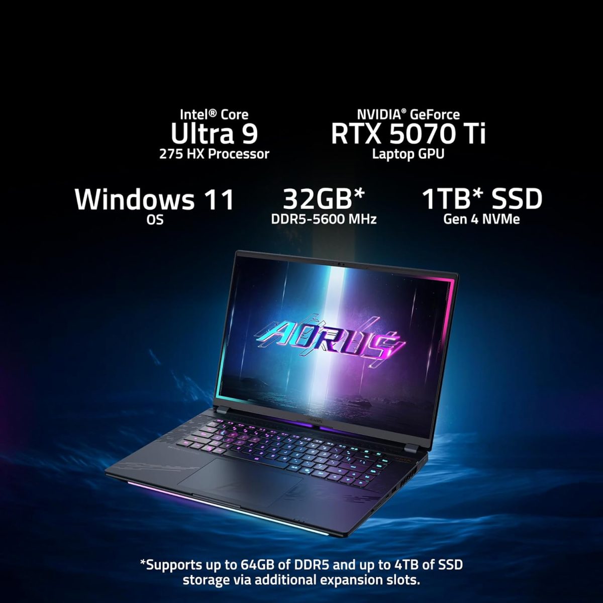 ⁦جيجابايت لابتوب اوروس ماستر 16 للالعاب - 240Hz 2560x1600 OLED - انفيديا جيفورس RTX 5070 Ti - انتل كور الترا 9 275HX - 1TB SSD مع 32GB DDR5 RAM - ويندوز 11 هوم AD (اوروس ماستر 16 BXH-C4USE64SH)⁩ - الصورة ⁦3⁩