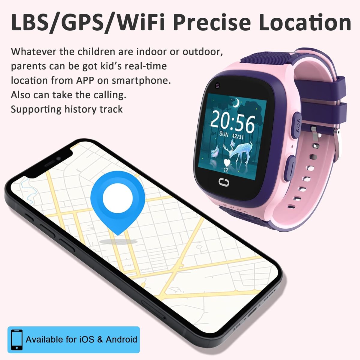 ⁦ساعة ذكية للاطفال من الجيل الرابع للبنات مع متتبع GPS ومكالمات فيديو للاطفال من سن 5 الى 12 سنة، ساعة ذكية بمفتاح واحد لمكالمات اس او اس وكاميرا دردشة صوتية ومنبه وشاشة تعمل باللمس، هدية للاطفال⁩ - الصورة ⁦4⁩