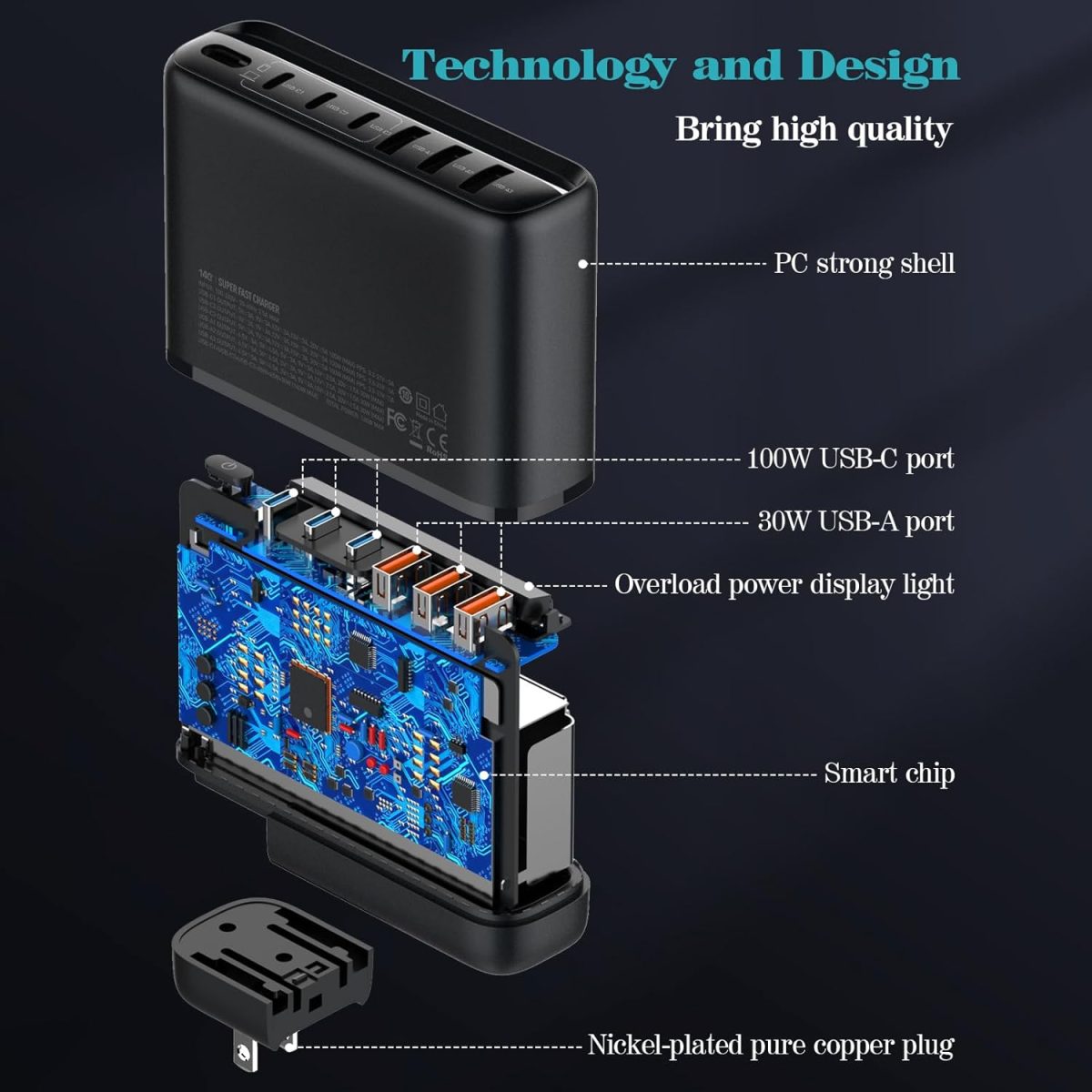 ⁦تايمريال محطة شحن سريع للسفر 140 واط جان 3 نوع C و3 USB، قابس قابل للفصل للسفر الدولي الولايات المتحدة/المملكة المتحدة/الاتحاد الأوروبي، شحن للابتوب والتابلت والهاتف الذكي، شاشة LED، كابل تمديد 1.5⁩ - الصورة ⁦3⁩
