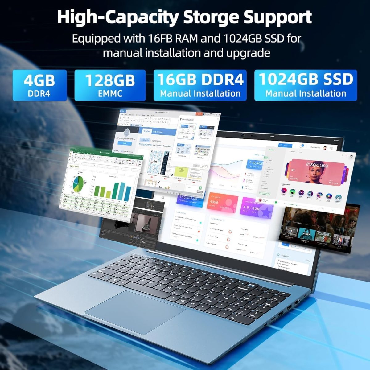 ⁦لابتوب ناكلود بذاكرة RAM 20GB و128GB EMMC+1024GB SSD قابل للتوسيع 4TB، 15.6 انش، واي فاي 6، سيليرون N5095 رباعي النواة، زاوية مفتوحة 180 درجة، 11 هوم، USB 3.2، HDMI، نوع C، 7000mAh (رمادي)⁩ - الصورة ⁦2⁩