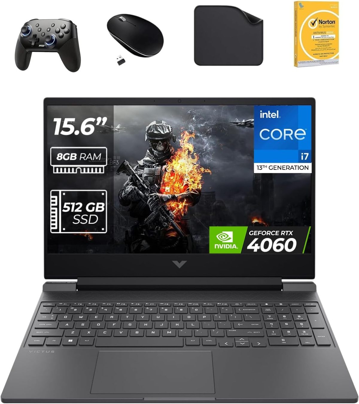 HP لابتوب العاب فيكتوس 15.6 انش بمعالج انتل i7-13620H الجيل 13 وبطاقة عرض مرئي RTX 4060 8GB وذاكرة RAM DDR4 8GB وSSD 512GB وويندوز 11 برو (يتضمن وحدة تحكم الالعاب + ماوس + مضاد للفيروسات + قاعدة ماوس