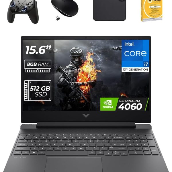 HP لابتوب العاب فيكتوس 15.6 انش بمعالج انتل i7-13620H الجيل 13 وبطاقة عرض مرئي RTX 4060 8GB وذاكرة RAM DDR4 8GB وSSD 512GB وويندوز 11 برو (يتضمن وحدة تحكم الالعاب + ماوس + مضاد للفيروسات + قاعدة ماوس