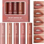 مجموعة احمر شفاه نود مات من 5 قطع، ملمع شفاه مخملي ناعم يدوم طويلا، تركيبة كوب مقاومة للماء غير لاصقة، لمسة نهائية لامعة ناعمة، مجموعة مكياج شفاه للنساء