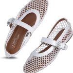 ايما نيويورك حذاء باليه مسطح شبكي للنساء - حذاء ماري جين مسطح بشبكة صيد السمك مع حزام بابزيم قابل للتعديل، احذية باليرينا انيقة وجيدة التهوية