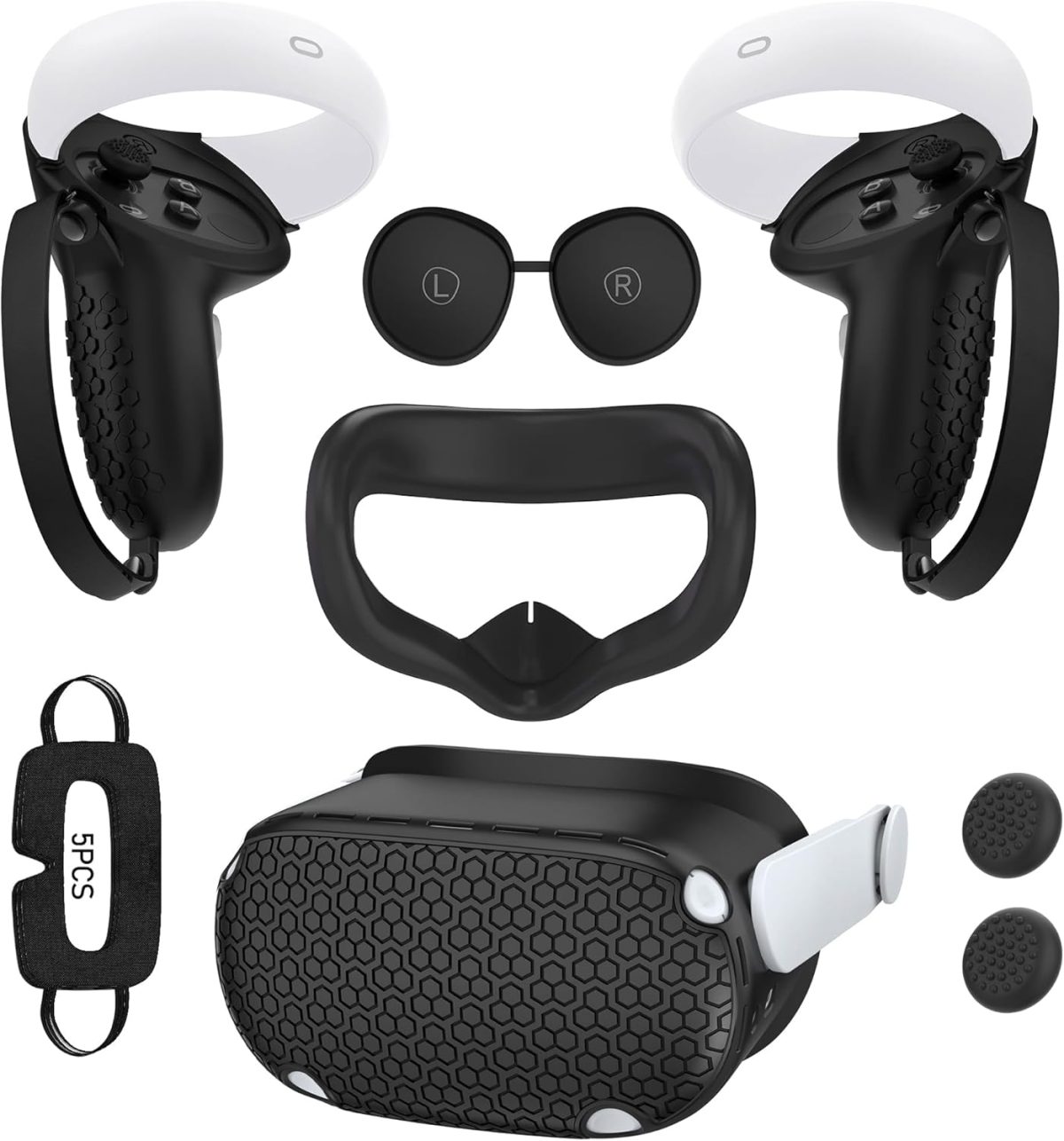 AMZDM Quest 2 Accessories - Face Cushion, Controller Grips, Lens Cover, Silicone Covers, Thumbstick Covers, Disposable Eye Cover (5pcs, Black)