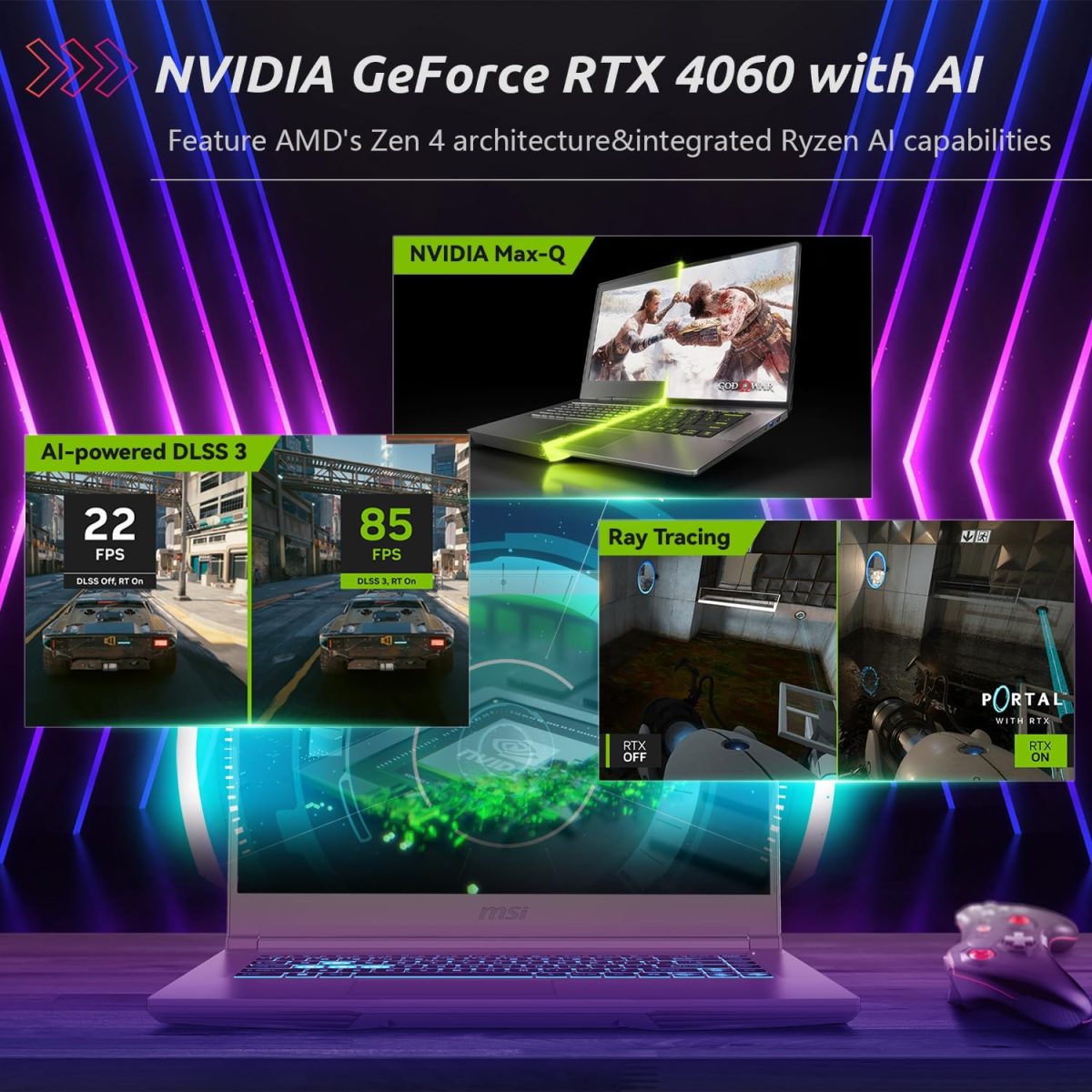 ⁦MSI لابتوب العاب A15 B8VF VR-Ready AI رفيع للغاية، 15.6 FHD 144Hz، ايه اي ام دي رايزن 9 8945HS، انفيديا جيفورس RTX 4060، 32GB DDR5 RAM، 1TB SSD، تعزيز التبريد، حزمة مع مبرد PCO نوت بوك قابل للطي، مبرد⁩ - الصورة ⁦4⁩