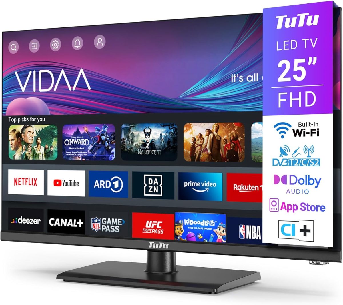 توتو تلفزيون ذكي 25 بوصة (64 سم) FHD LED متصل بالواي فاي مع بلوتوث، موالف ثلاثي، تطبيق فيدا عن بعد، مولوتوف، نتفليكس، برايم فيديو، ديزني+، يوتيوب، حامل مركزي، TUV25FQ1BC