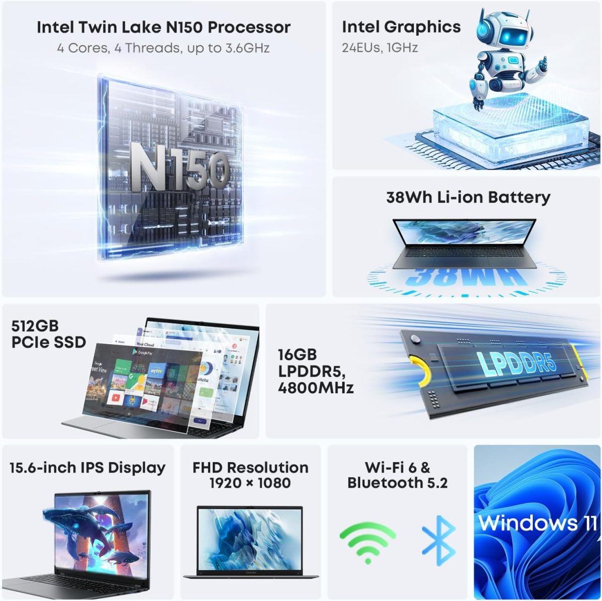 ⁦تشو وي لابتوب جيمي بوك بلس 15.6 انش، 16GB LPDDR5 512GB SSD، انتل N150 (حتى 3.6GHz، TDP 15W)، ويندوز 11، SSD 2TB، IPS FHD 2K، HDMI، واي فاي 6، بلوتوث 5.2، USB 3.0، كاميرا ويب⁩ - الصورة ⁦2⁩