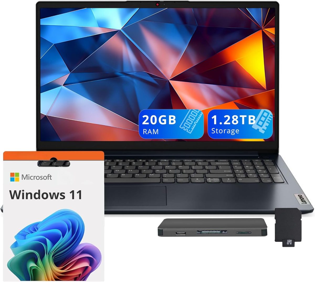 Lenovo IdeaPad 1 15.6" HD Laptop, Intel Celeron N4500, 20GB RAM, 1TB SSD+128GB eMMC, Intel UHD Graphics, WiFi 6, Num Pad, 1 Year Office 365, Windows 11, Abyss Blue, 160GB Docking Station Set
