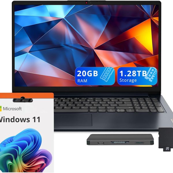 Lenovo IdeaPad 1 15.6" HD Laptop, Intel Celeron N4500, 20GB RAM, 1TB SSD+128GB eMMC, Intel UHD Graphics, WiFi 6, Num Pad, 1 Year Office 365, Windows 11, Abyss Blue, 160GB Docking Station Set