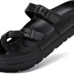 صندل نسائي مسطح بنعل سميك خفيف الوزن مزود بابزيم قابل للتعديل لدعم قوس القدم من سوسوهلت