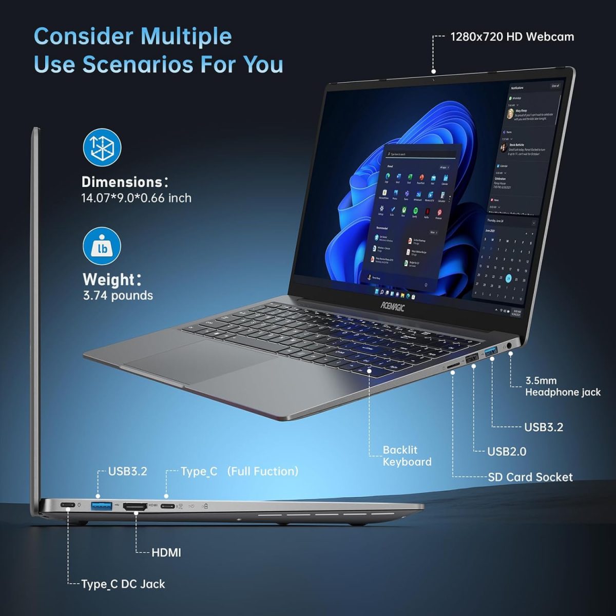 ⁦لابتوب ايس ماجيك 2025 بمعالج AMD رايزن 7 5700U (8C/16T حتى 4.3GHz) وRAM 16GB وSSD NVMe 512GB وويندوز 11 وبطاقة عرض مرئي راديون RX فيجا 8 وشاشة 16 انش وواي فاي 6 وكيبورد باضاءة خلفية⁩ - الصورة ⁦5⁩