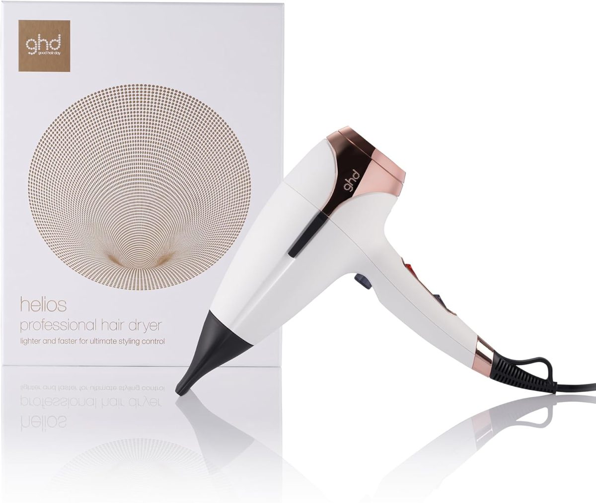 GHD مجفف شعر من هيليوس - ابيض، مجفف شعر احترافي، تدفق هواء قوي، تصفيف مع السرعة والتحكم، لمعان اكثر بنسبة 30%
