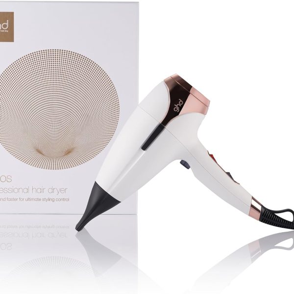 GHD مجفف شعر من هيليوس - ابيض، مجفف شعر احترافي، تدفق هواء قوي، تصفيف مع السرعة والتحكم، لمعان اكثر بنسبة 30%