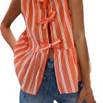 بلوزة بدون اكمام مخططة Y2k للنساء، بلوزة قصيرة برباط امامي مكشكشة بدون اكمام، بلوزة بيبي دول صيفية بيبلوم فيست قميص