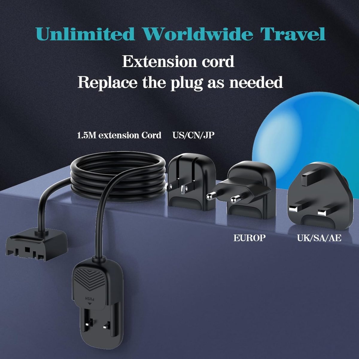 ⁦تايمريال محطة شحن سريع للسفر 140 واط جان 3 نوع C و3 USB، قابس قابل للفصل للسفر الدولي الولايات المتحدة/المملكة المتحدة/الاتحاد الأوروبي، شحن للابتوب والتابلت والهاتف الذكي، شاشة LED، كابل تمديد 1.5⁩ - الصورة ⁦7⁩