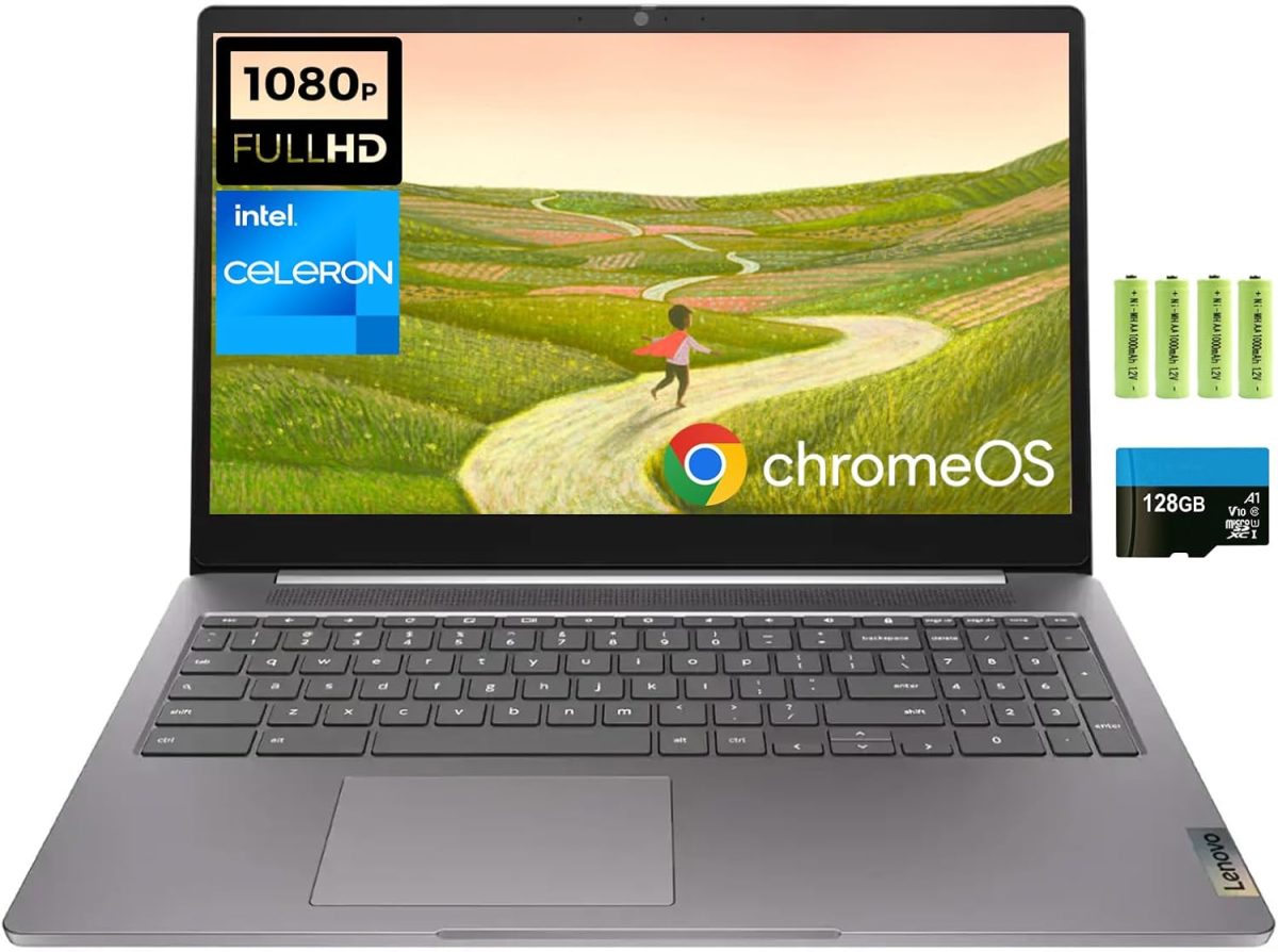 لينوفو لابتوب ايديا باد 3i 15.6 انش FHD كروم بوك، معالج انتل سيليرون N4500، ذاكرة RAM 4GB، تخزين 192GB (64GB eMMC + ذاكرة فلاش 128GB)، كاميرا ويب، واي فاي 6، بلوتوث، قارئ بطاقة SD، HDMI، رمادي ارتيك