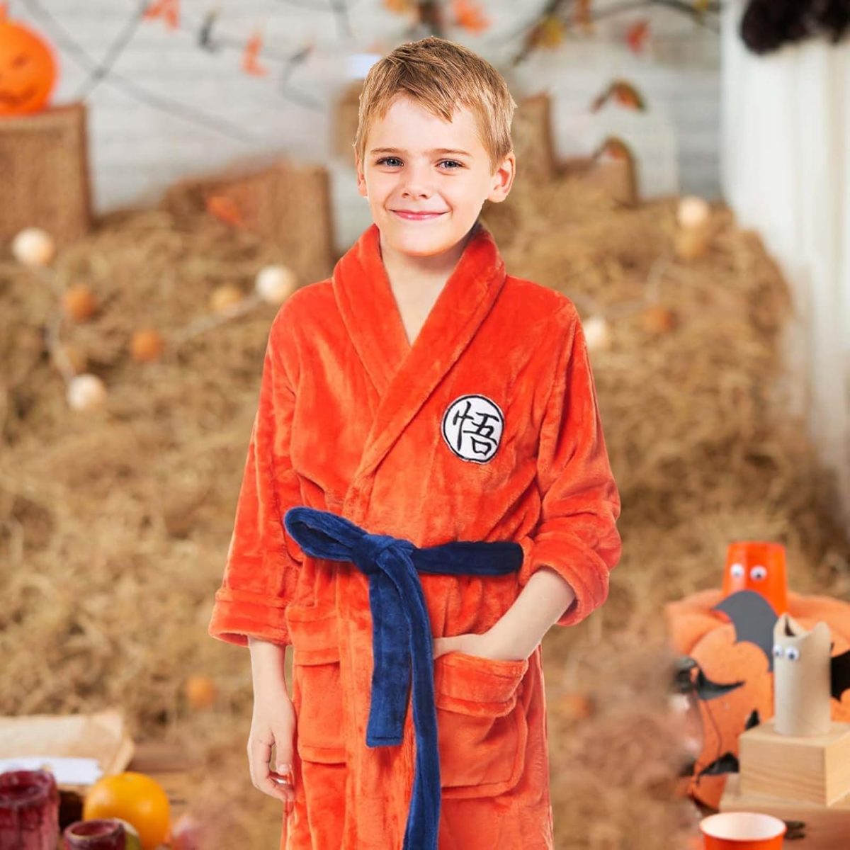 ⁦Fehodun Son Goku Costume Anime Cosplay Pyjamas Robes Soft Plush Long Bathrobes Orange Pyjamas Bathrobe for Children⁩ - الصورة ⁦4⁩