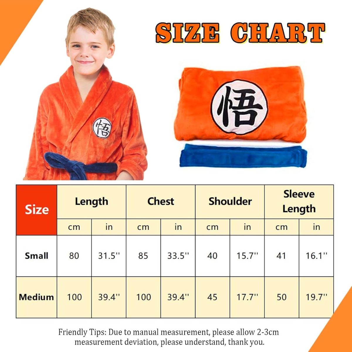 ⁦Fehodun Son Goku Costume Anime Cosplay Pyjamas Robes Soft Plush Long Bathrobes Orange Pyjamas Bathrobe for Children⁩ - الصورة ⁦2⁩