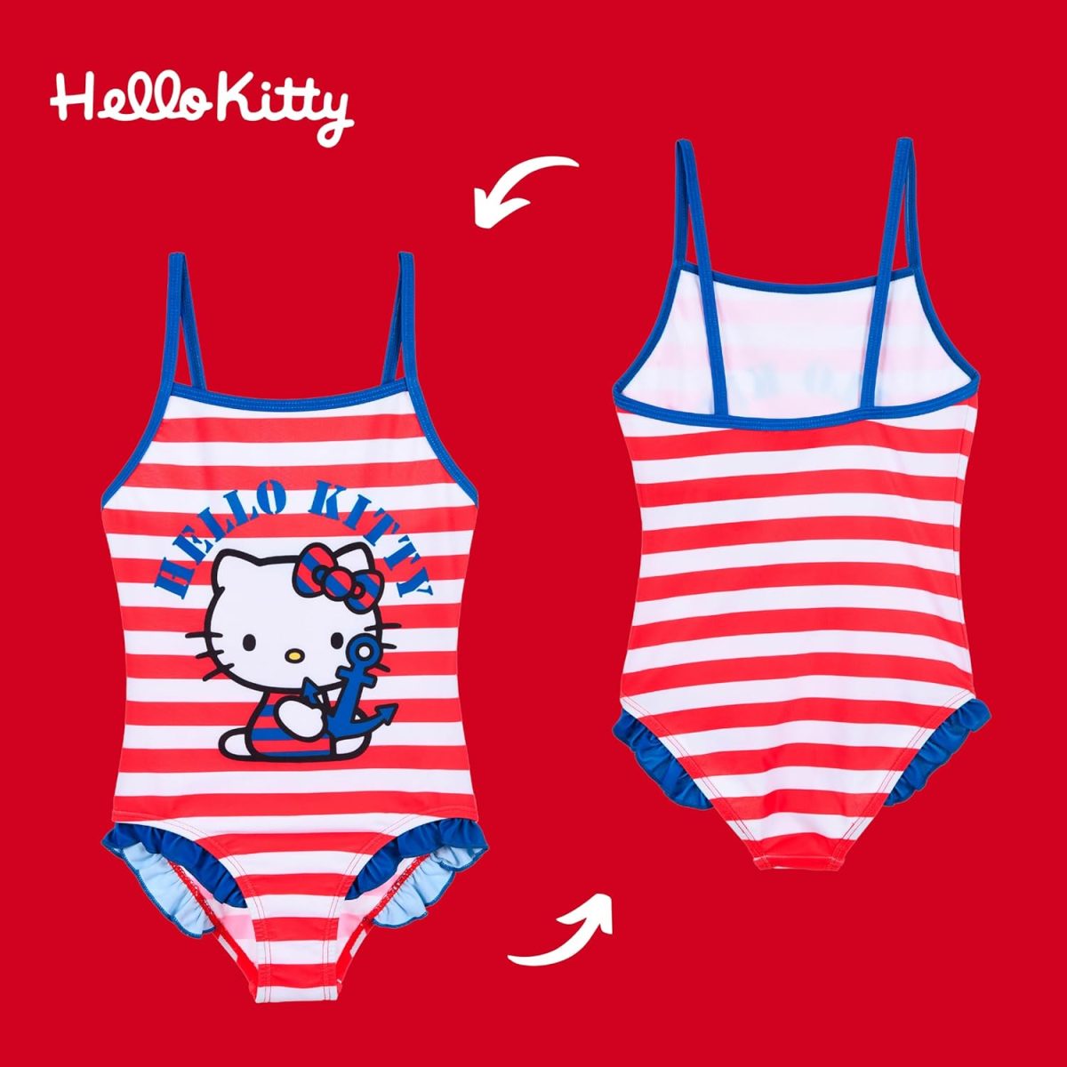 ⁦Sanrio Hello Kitty Girls' Nautical Design One Piece Swimsuit, Children's Swimming, Sizes 3 to 8 Years⁩ - الصورة ⁦8⁩