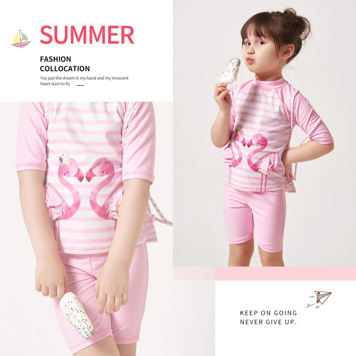 ⁦Julysand Toddler Girls Rash Guard Sets 3D Flamingo Swimsuit Pink Striped Two Piece Modest Swimwear Sun Protection Suit⁩ - الصورة ⁦3⁩
