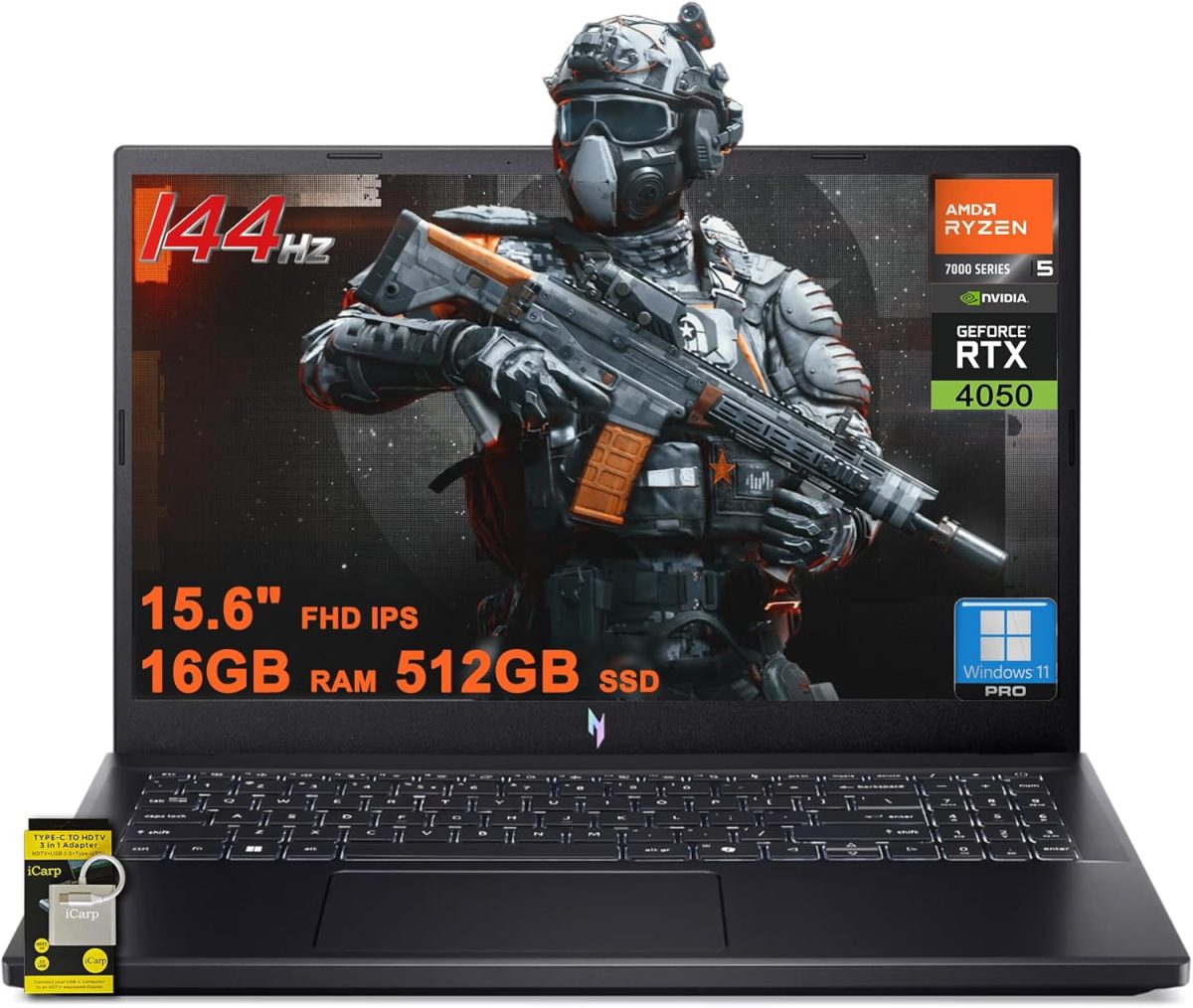 ايسر لابتوب العاب نيترو في 15 15.6 انش FHD IPS 144Hz AMD رايزن 5 7535HS سداسي النواة RAM 16GB SSD 512GB جيفورس RTX 4050 باضاءة خلفية USB-C ويندوز 11 برو مع ملحق اي سي بي