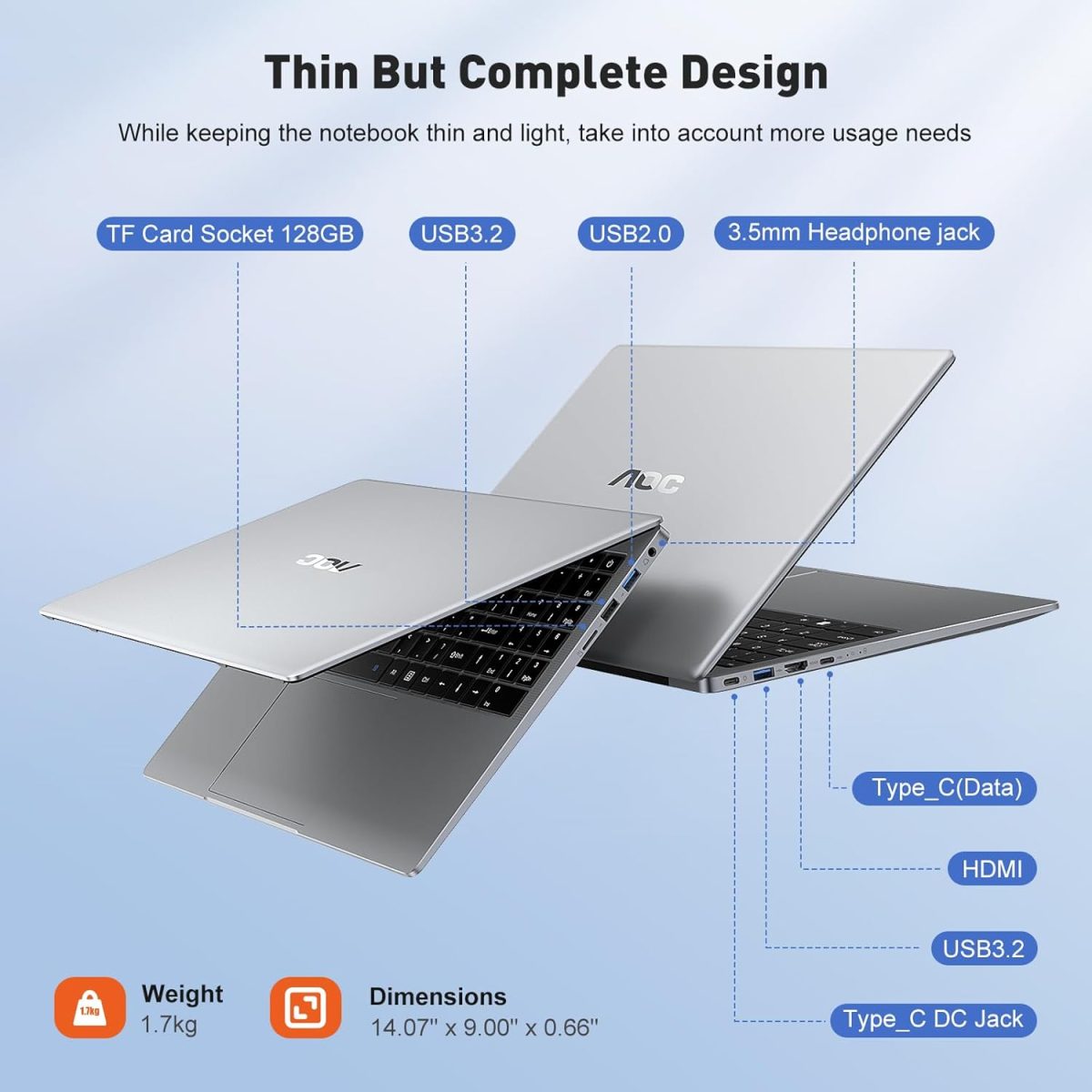⁦AOC لابتوب 16GB RAM 512GB SSD بشاشة FHD 15.6 انش (حتى 3.6GHz) ويندوز 11، خفيف ورفيع، هيكل معدني، كاميرا ويب، نوع C، USB3.2⁩ - الصورة ⁦4⁩