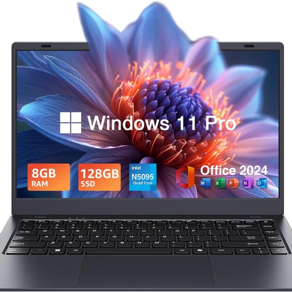 UOWAMOU 14" Laptop Windows 11 Pro - Intel N5095 Quad-Core, 8GB RAM 128GB SSD, WiFi 5/Bluetooth 5.0, Webcam Privacy Cover, Preloaded Office 2024 - Ultra-Portable