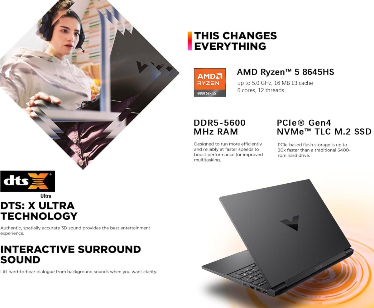⁦HP لابتوب العاب فيكتوس 15.6 انش FHD IPS 144Hz، AMD رايزن 5-8645HS، انفيديا جيفورس RTX 4050، واي فاي 6، كيبورد باضاءة خلفية، ويندوز 11 هوم، مع قاعدة ماوس (16GB RAM و1TB PCIe SSD)⁩ - الصورة ⁦5⁩