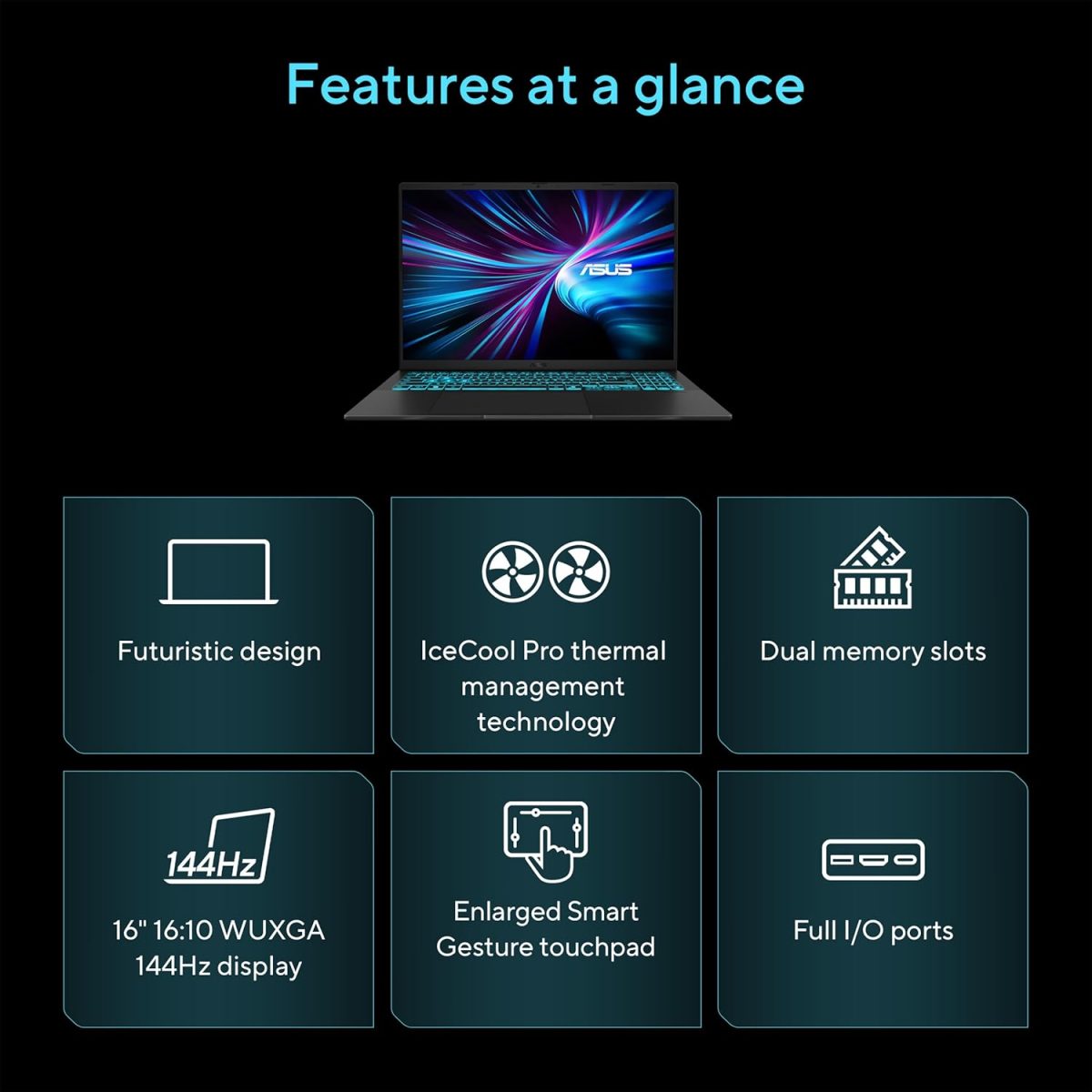 ⁦اسس لابتوب العاب V16، شاشة 16 انش WUXGA 144Hz، معالج انتل كور 7 240H، انفيديا جيفورس RTX 3050، ذاكرة 16GB، تخزين 512GB، ويندوز 11، اسود مات، V3607VJ-DS76⁩ - الصورة ⁦2⁩