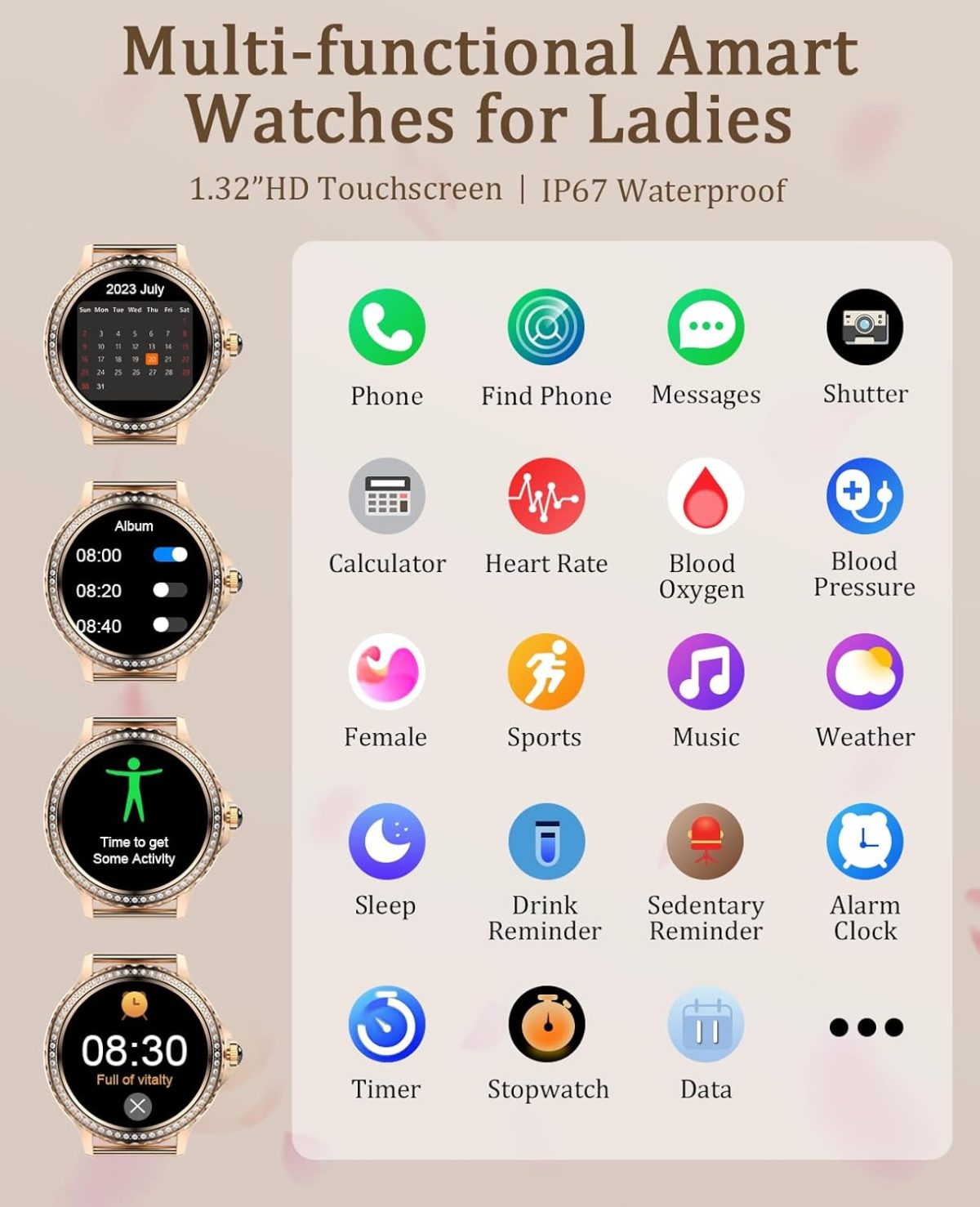 ⁦بوكلاود ساعة ذكية للنساء تعمل بالبلوتوث لاجهزة ايفون واندرويد وiOS بتصنيف IP68 لمقاومة المياه والغبار لتتبع اللياقة البدنية وضغط الدم ومعدل ضربات القلب ومراقبة النوم والرسائل⁩ - الصورة ⁦7⁩