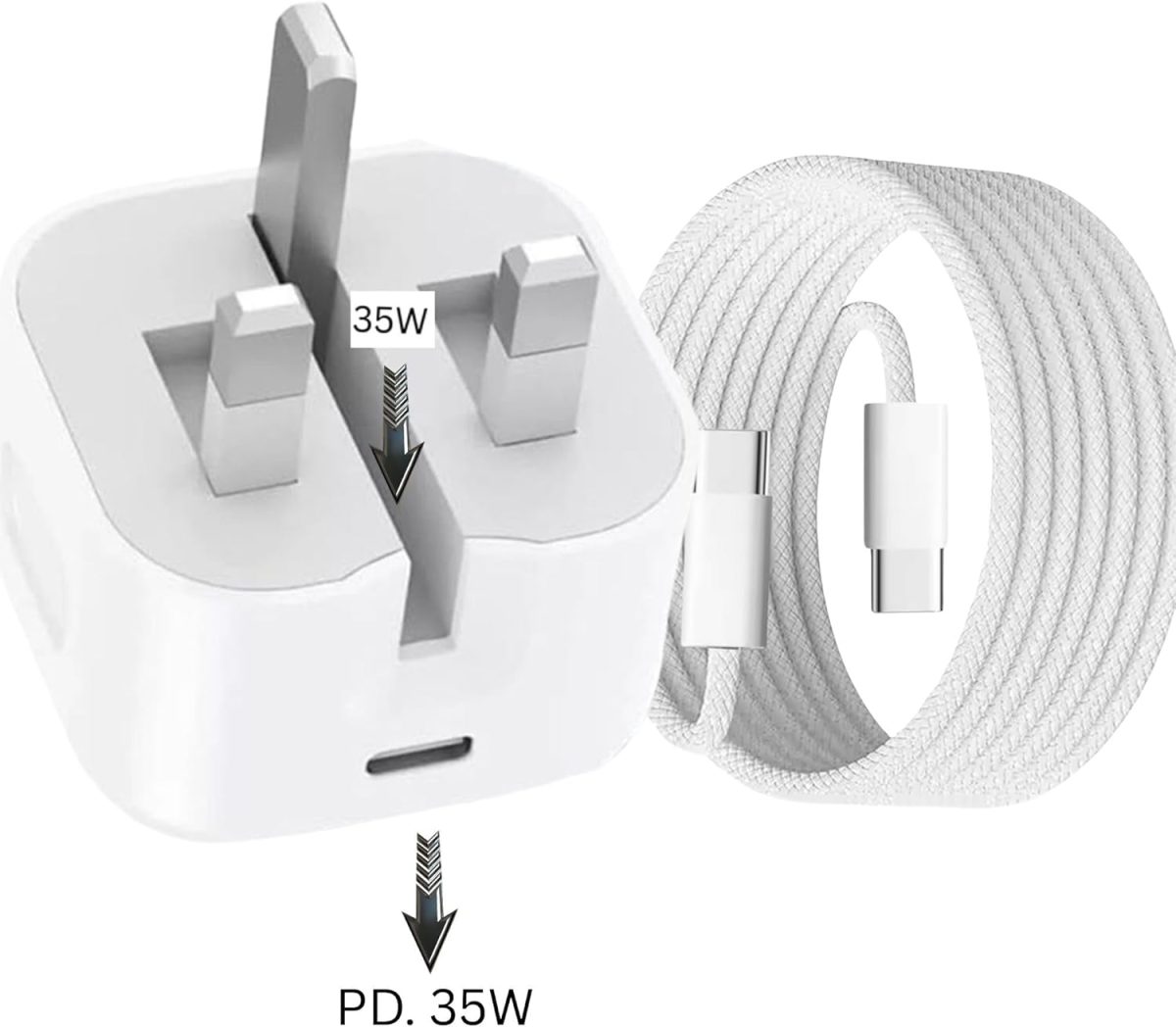 ⁦شاحن سريع من النوع C وUSB-C بقدرة 35 واط مع كيبل USB-C مضفر بطول 1 متر، محول طاقة PD 3.0، شحن عالمي لايفون 15/16 برو ماكس وبلس، ايباد، سامسونج S25/S24 الترا - شحن عالي السرعة وآمن⁩ - الصورة ⁦2⁩