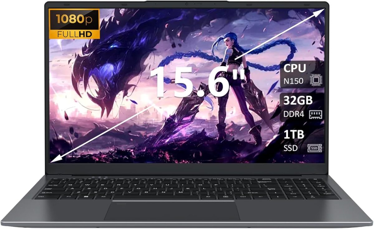 لابتوب 32GB RAM مع 1TB NVMe SSD، معالج انتل N150 رباعي النواة (حتى 3.6GHz)، شاشة 15.6 انش FHD IPS، بطارية 8000mAh، كيبورد باضاءة خلفية، كاميرا ويب للخصوصية، فتح بصمة الاصبع، ويندوز 11 برو