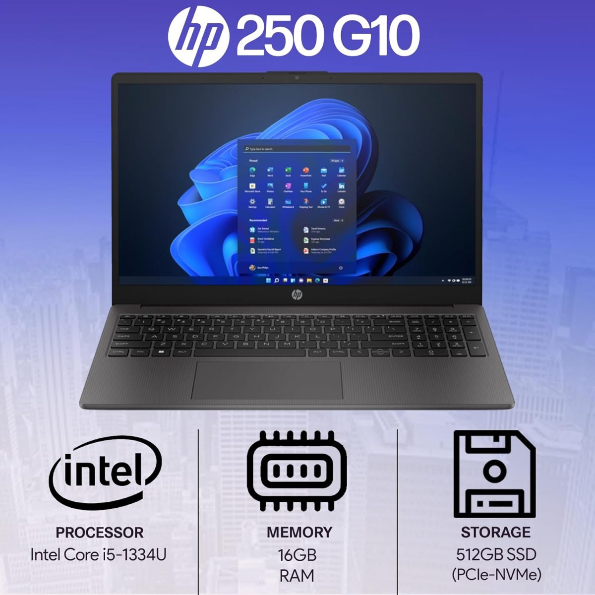 ⁦HP لابتوب 250 255 G10 للاعمال بشاشة FHD 15.6 انش ومعالج انتل كور i5-1334U (يتفوق على AMD رايزن 5 7530U) وRAM 16GB وSSD بمنفذ PCIe 512GB للمنزل والطلاب وكاميرا ويب ولوحة ارقام وويندوز 11 برو⁩ - الصورة ⁦2⁩
