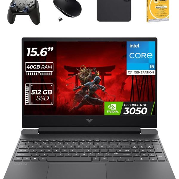 HP لابتوب العاب فيكتوس 15.6 انش بمعالج انتل i5-12450H الجيل 12 وبطاقة رسومات RTX3050 4GB وذاكرة RAM DDR4 40GB وSSD 512GB وويندوز 11 برو (يتضمن وحدة تحكم العاب الموجة الاولى + ماوس + مضاد للفيروسات +