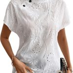 بلايز مطرزة برقبة مرتفعة على شكل سلحفاة واكمام قصيرة وازرار امامية للنساء من جورجليتر