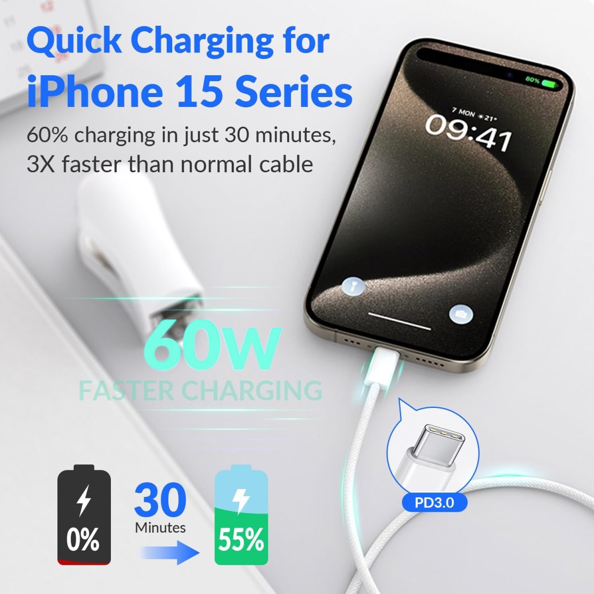 ⁦ون تو فور كيبل USB C الى USB C مضفر 60 واط، سلك شحن اسرع لتوصيل الطاقة، متوافق مع ايفون 15/15 برو/15 بلس/15 برو ماكس، ايباد ميني/برو، ماك بوك برو/اير، ابيض⁩ - الصورة ⁦2⁩