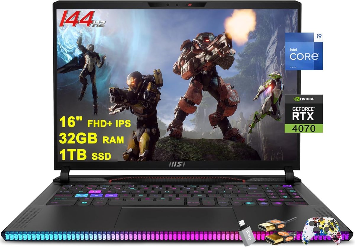 MSI لابتوب العاب رايدر GE68HX 16 انش FHD+ IPS 144Hz انتل 24 كور i9-14900HX 32GB RAM 1TB SSD جيفورس RTX 4070 اضاءة خلفية RGB ثاندربولت 4 USB-C دينوديو FHD كاميرا خصوصية بالاشعة تحت الحمراء ويندوز 11 مع