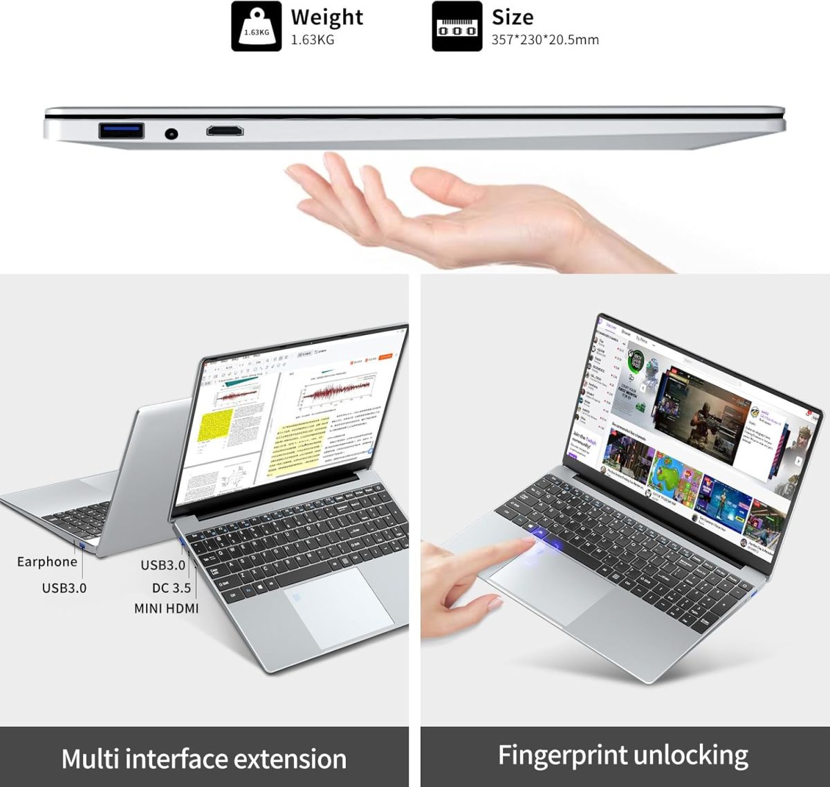 ⁦لابتوب العاب N5095 بشاشة 15.6 انش وذاكرة RAM 16GB وSSD 512GB للالعاب و180 زاوية فتح وبصمة اصبع وكيبورد باضاءة خلفية 1920X1080 IPS ميني HDMI واي فاي 5 للطلاب والاعمال⁩ - الصورة ⁦6⁩