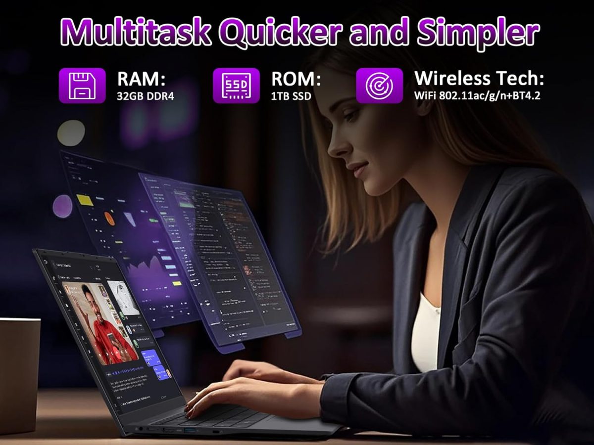 ⁦لابتوب 32GB RAM مع 1TB NVMe SSD، معالج انتل N150 رباعي النواة (حتى 3.6GHz)، شاشة 15.6 انش FHD IPS، بطارية 8000mAh، كيبورد باضاءة خلفية، كاميرا ويب للخصوصية، فتح بصمة الاصبع، ويندوز 11 برو⁩ - الصورة ⁦3⁩